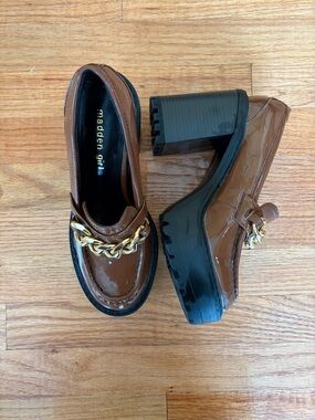 Madden Girl Chunky Heel Loafers in Brown with Gold Chain